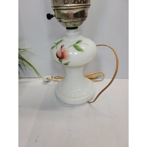 Vintage Hurricane Vanity Lamp, Hand Painted Rose Milk Glass, Boudoir Light - Picture 2 of 5